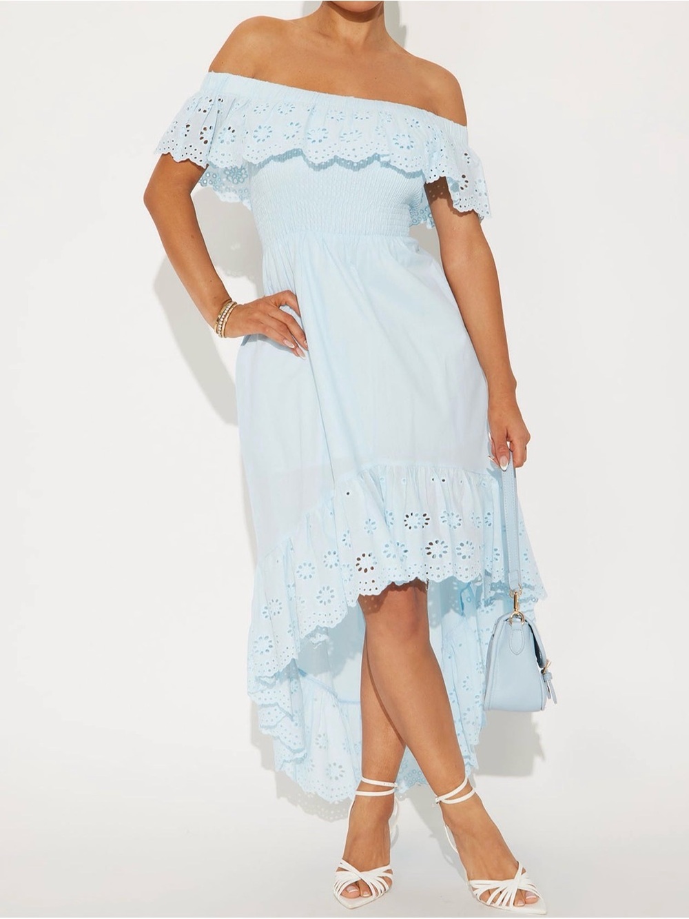 Off-Shoulder Light Blue Eyelet High-Low Dress
